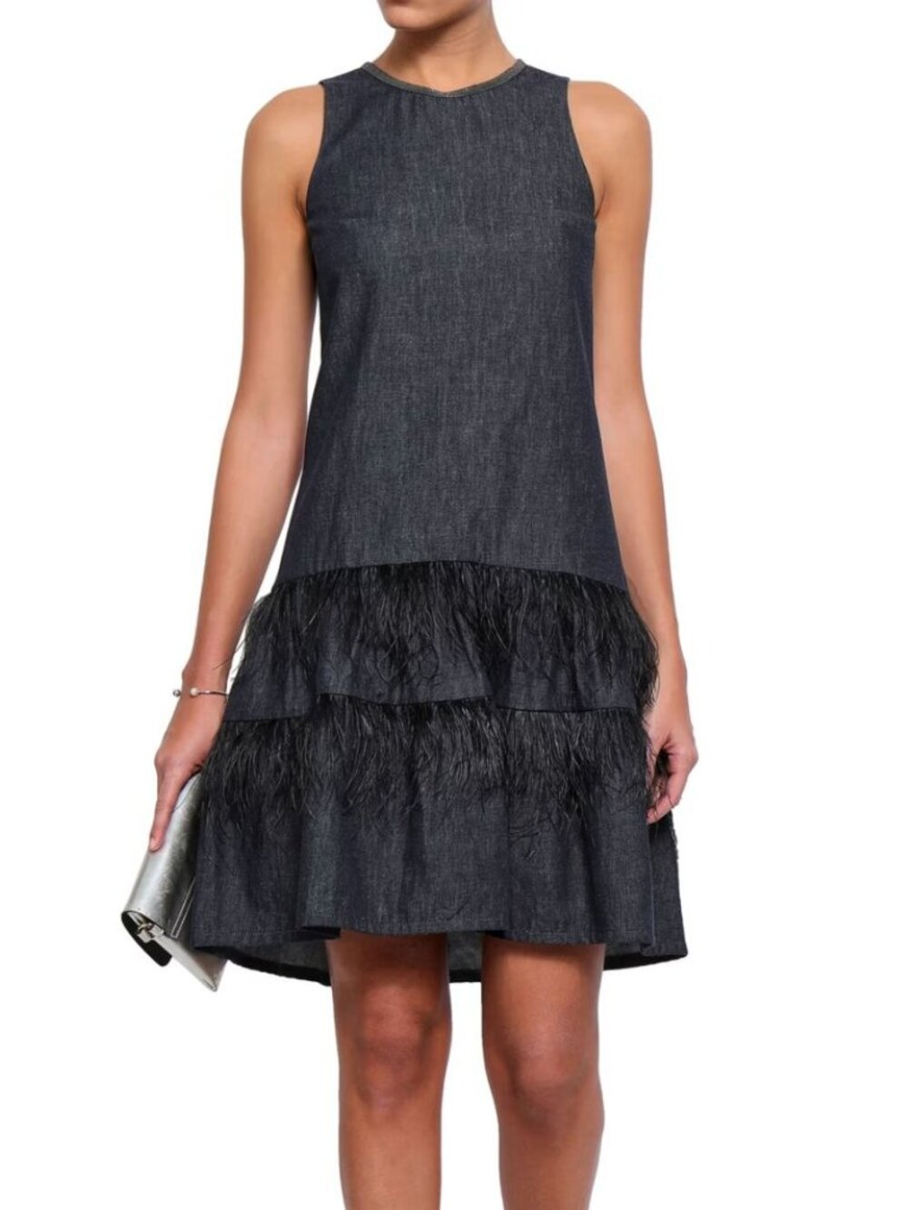 BRUNELLO CUCINELLI Ostrich Feather embellished tiered denim mini dress small